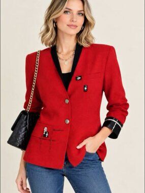 Vintage K.D. Spring wearable art blazer womens L Red Boho artsy layering